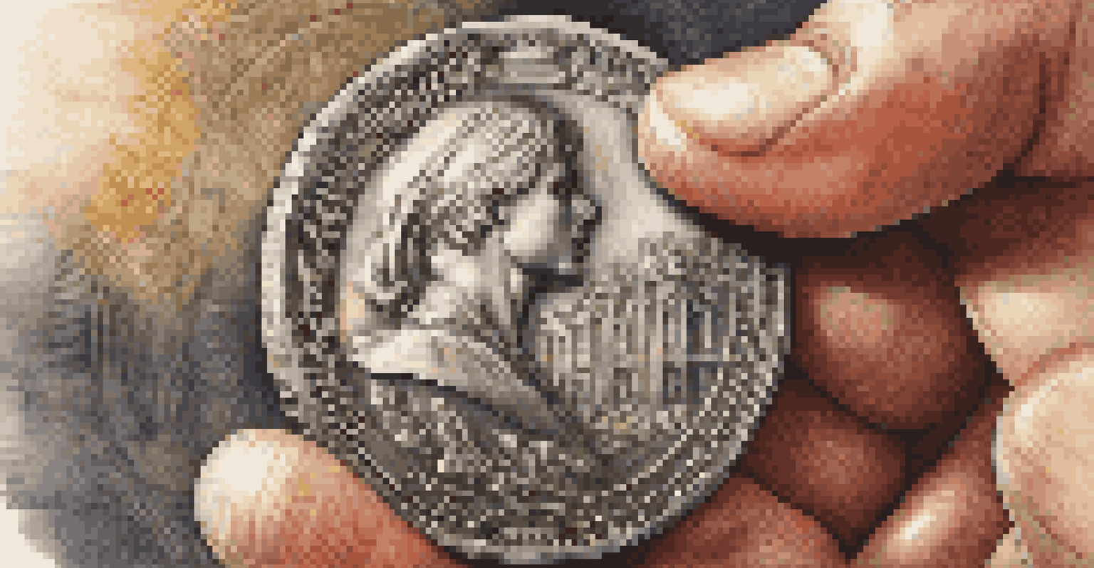 A close-up of a hand holding a vintage coin, showcasing its intricate details and texture against a softly blurred background.