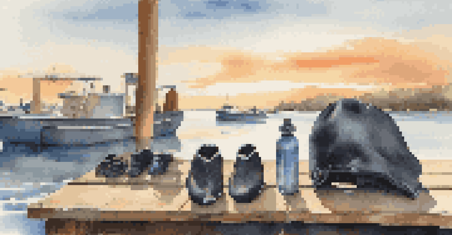 Close-up of cold water diving accessories including a wetsuit, gloves, hood, and booties on a dock with a harbor in the background.
