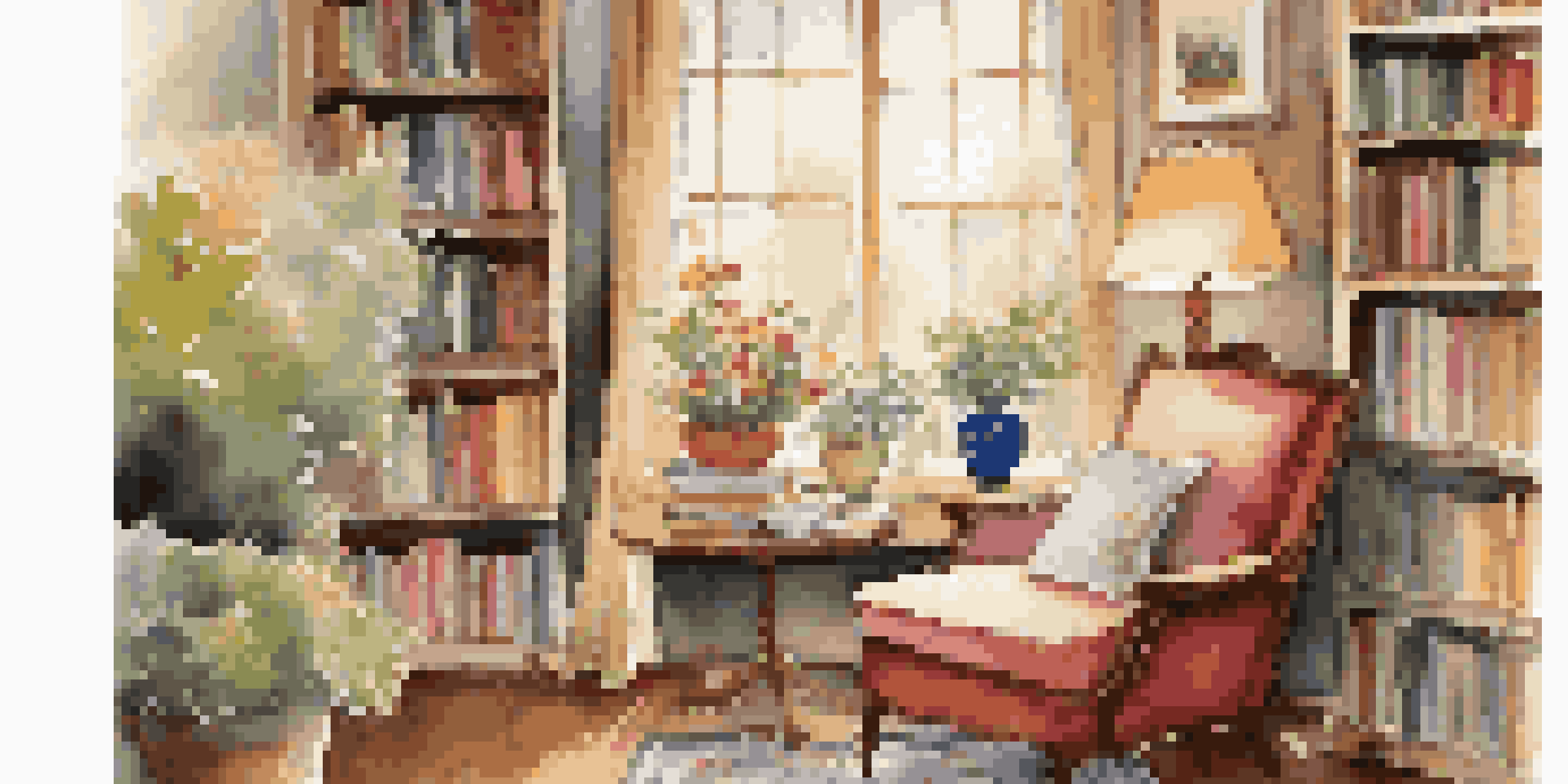 A cozy reading nook featuring a plush armchair, bookshelves filled with colorful novels, and a steaming cup of tea on a side table, illuminated by warm light.