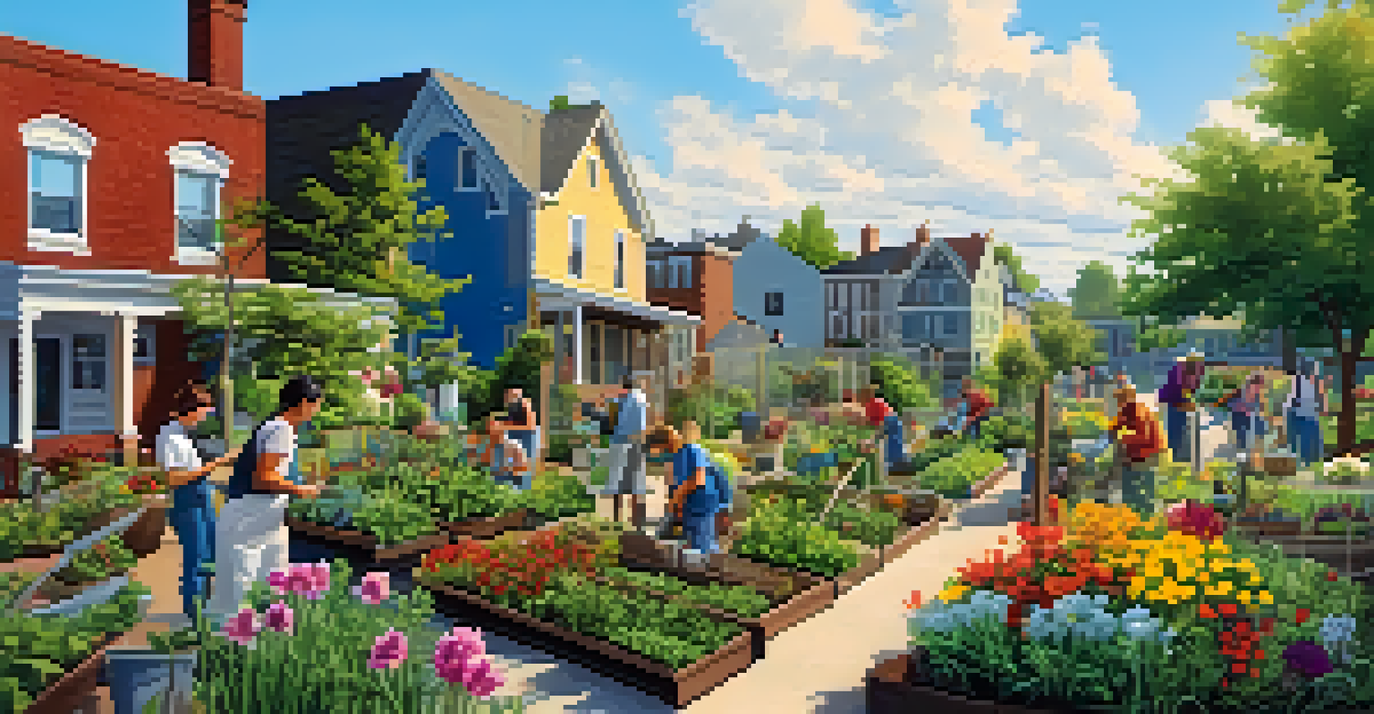 A lively community garden with diverse plants and flowers, showing neighbors collaborating in gardening activities under a sunny sky.