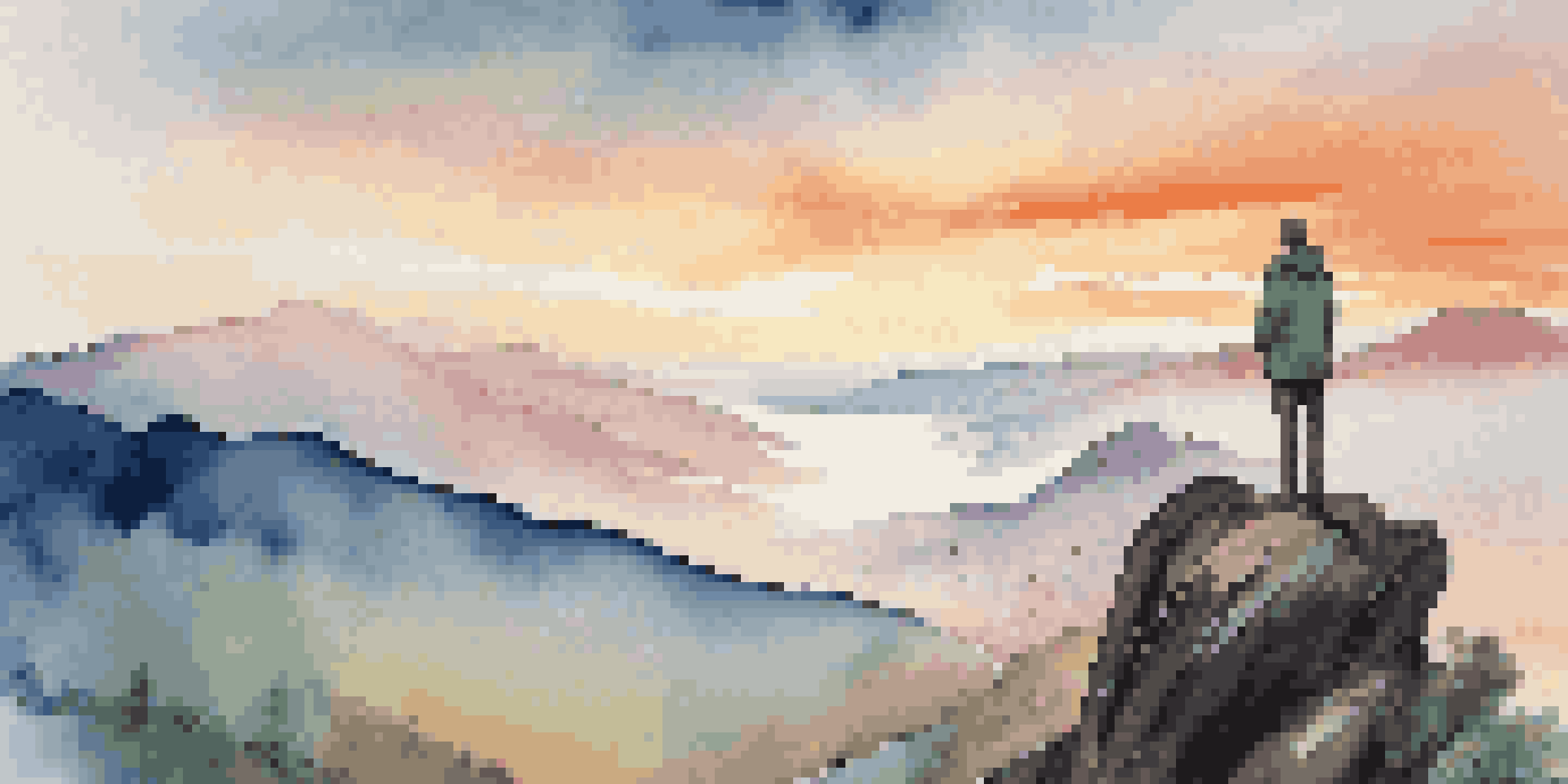 A person standing on the edge of a cliff, gazing at a beautiful sunrise over mountains, representing courage and determination.
