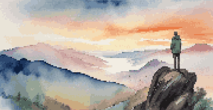 A person standing on the edge of a cliff, gazing at a beautiful sunrise over mountains, representing courage and determination.