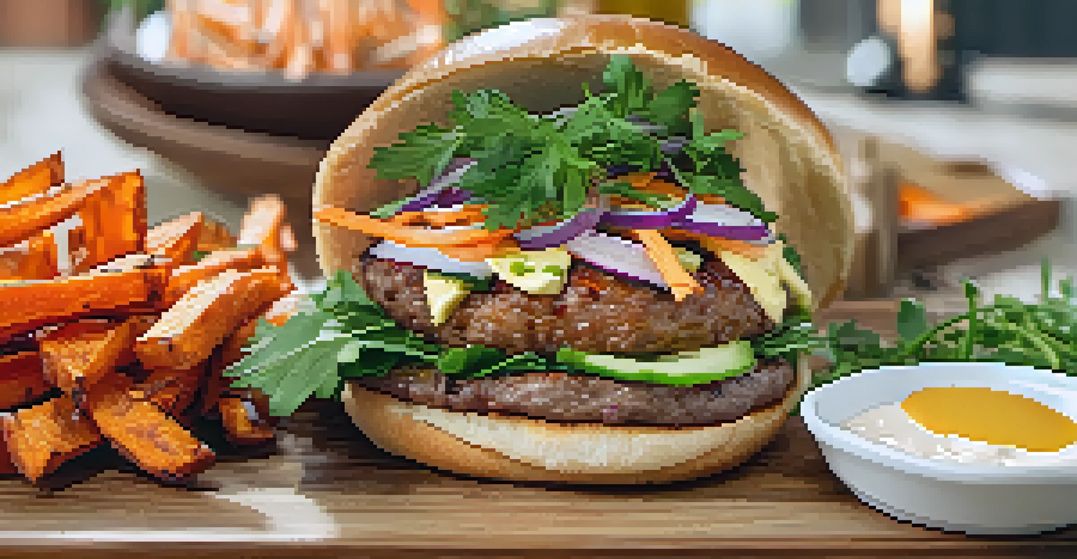 A banh mi burger with pickled vegetables and herbs on a wooden board, accompanied by sweet potato fries.