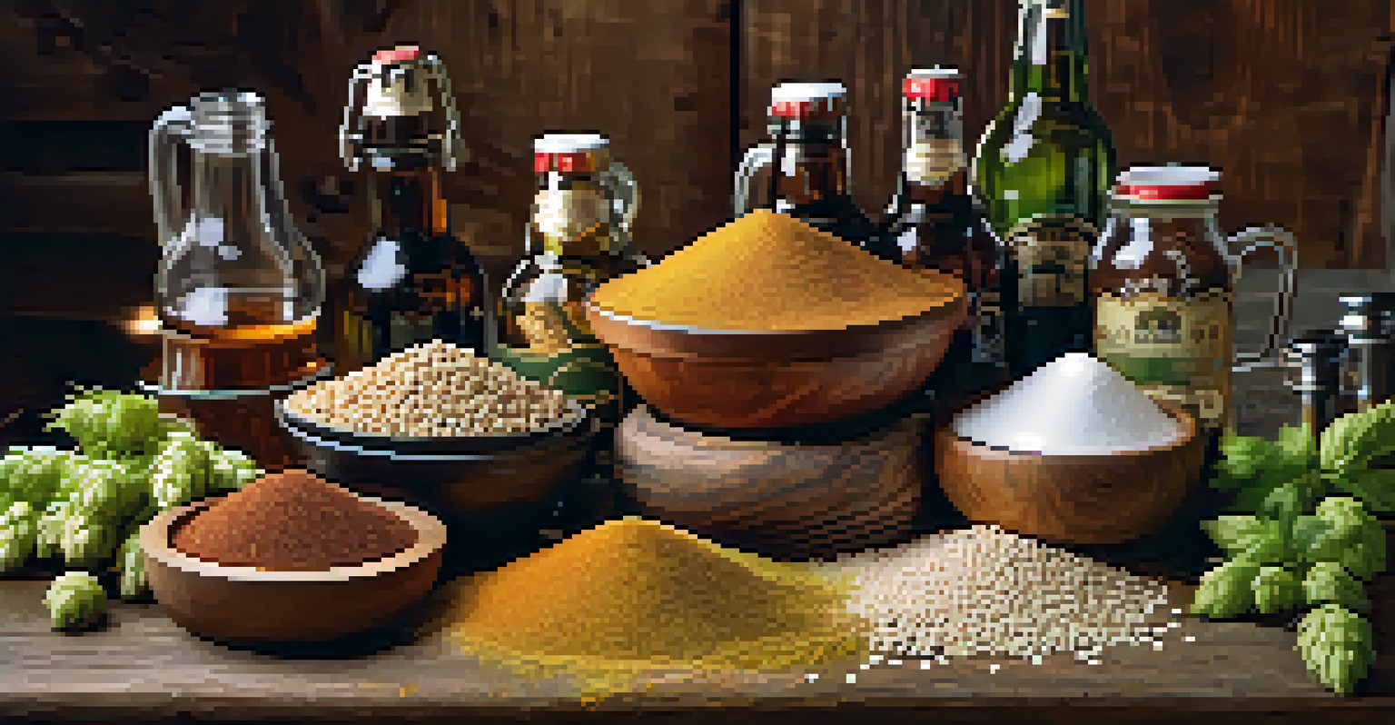 An arrangement of beer ingredients like hops and malt on a rustic wooden table, with a brewing kit in the background.