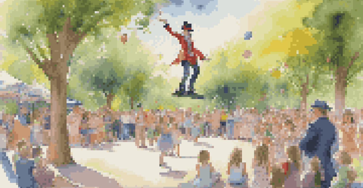 A young girl watching a street magician perform card tricks in a lively park filled with people.