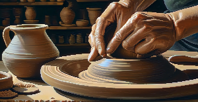 A potter's hands shaping a pinch pot from clay in a rustic studio filled with pottery tools and warm light.