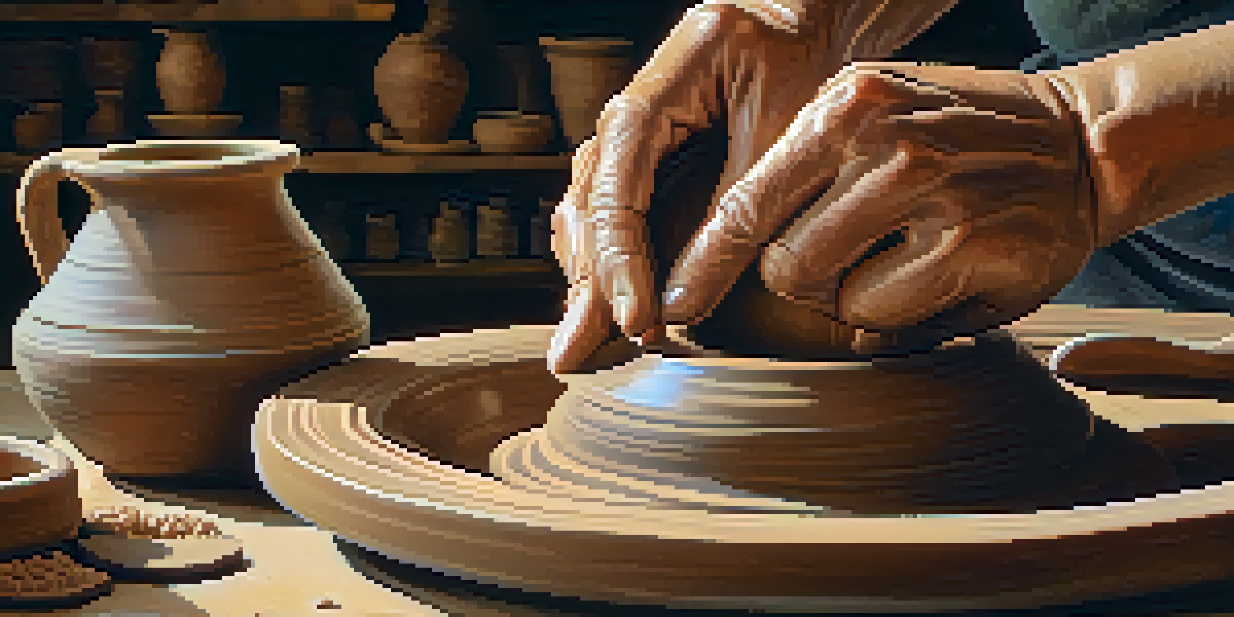 A potter's hands shaping a pinch pot from clay in a rustic studio filled with pottery tools and warm light.