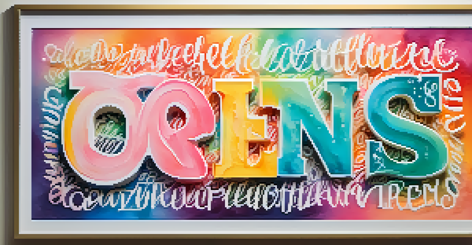 A colorful canvas displaying brush lettering art with motivational quotes and flourishes, set against a bright wall.
