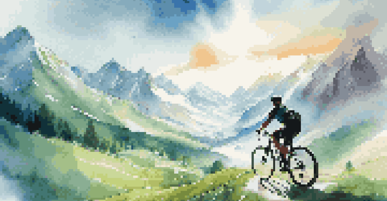 A cyclist in a virtual reality setting pedaling through a stunning mountain landscape with snow-capped peaks and sunlight effects.