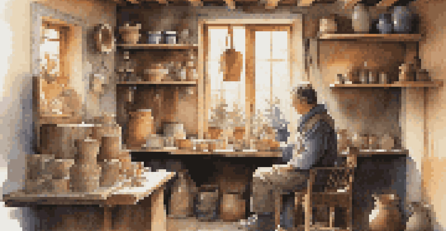 A traveler talking with a local artisan in a workshop filled with handmade crafts, illuminated by warm light.