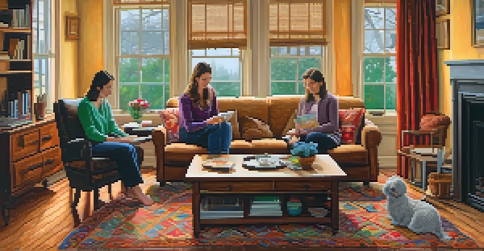 A family enjoying time together in a cozy living room while working on a colorful jigsaw puzzle by the fireplace.