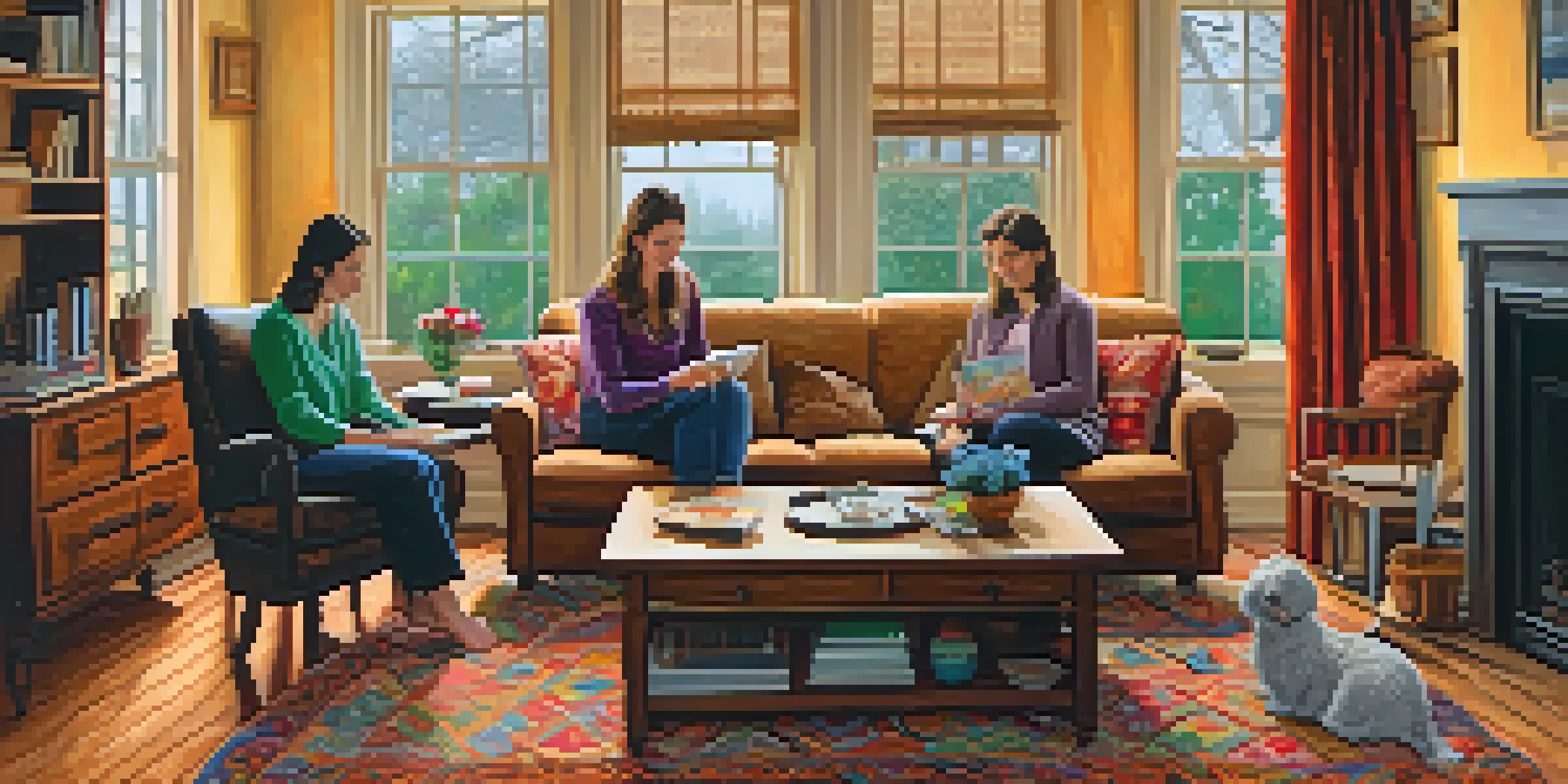 A family enjoying time together in a cozy living room while working on a colorful jigsaw puzzle by the fireplace.