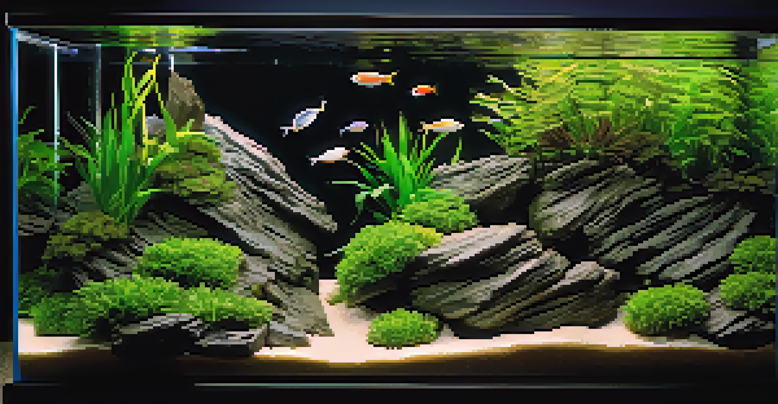 A detailed underwater scene with slate rocks, Malaysian driftwood, and fish, illuminated by warm light.