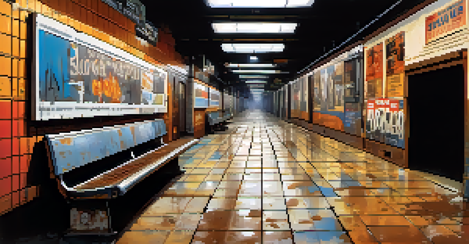 An abandoned subway station interior with rusted benches, peeling advertisements, and graffiti art under flickering lights.