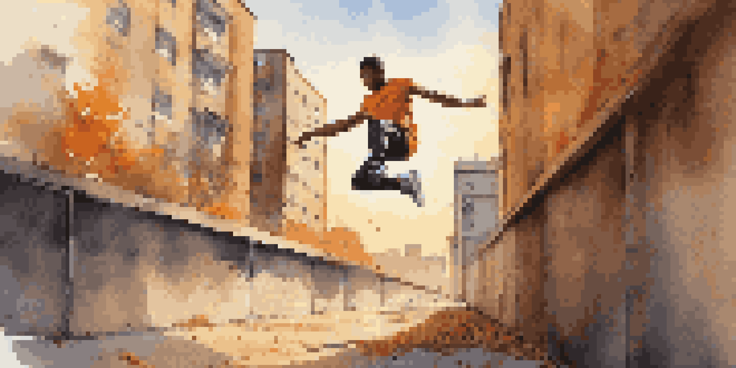 A young athlete executing a precision jump between two concrete walls in an urban setting during golden hour, with graffiti and leaves in the background.