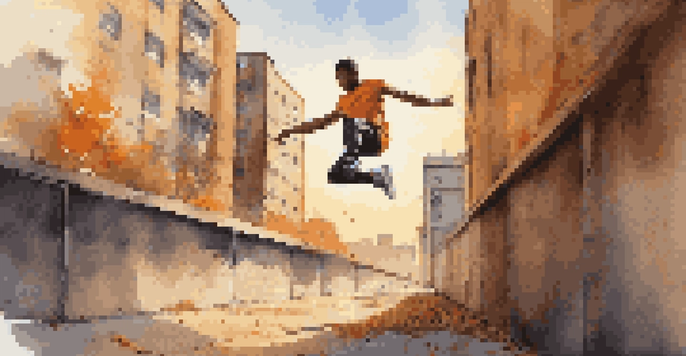 A young athlete executing a precision jump between two concrete walls in an urban setting during golden hour, with graffiti and leaves in the background.