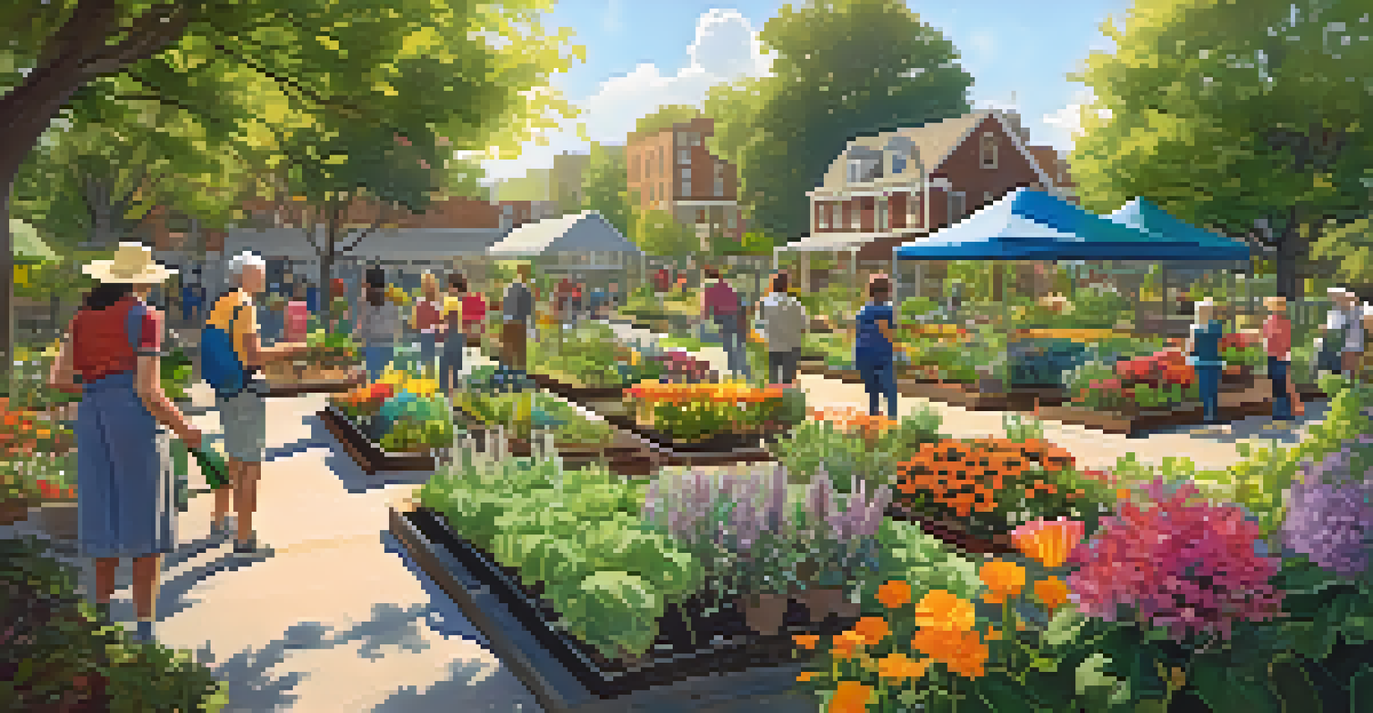 A lively community garden with people gardening, featuring raised beds and colorful flowers under warm sunlight.