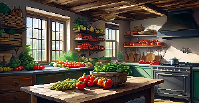 A rustic Italian kitchen showcasing fresh vegetables and herbs on a wooden table, illuminated by sunlight.