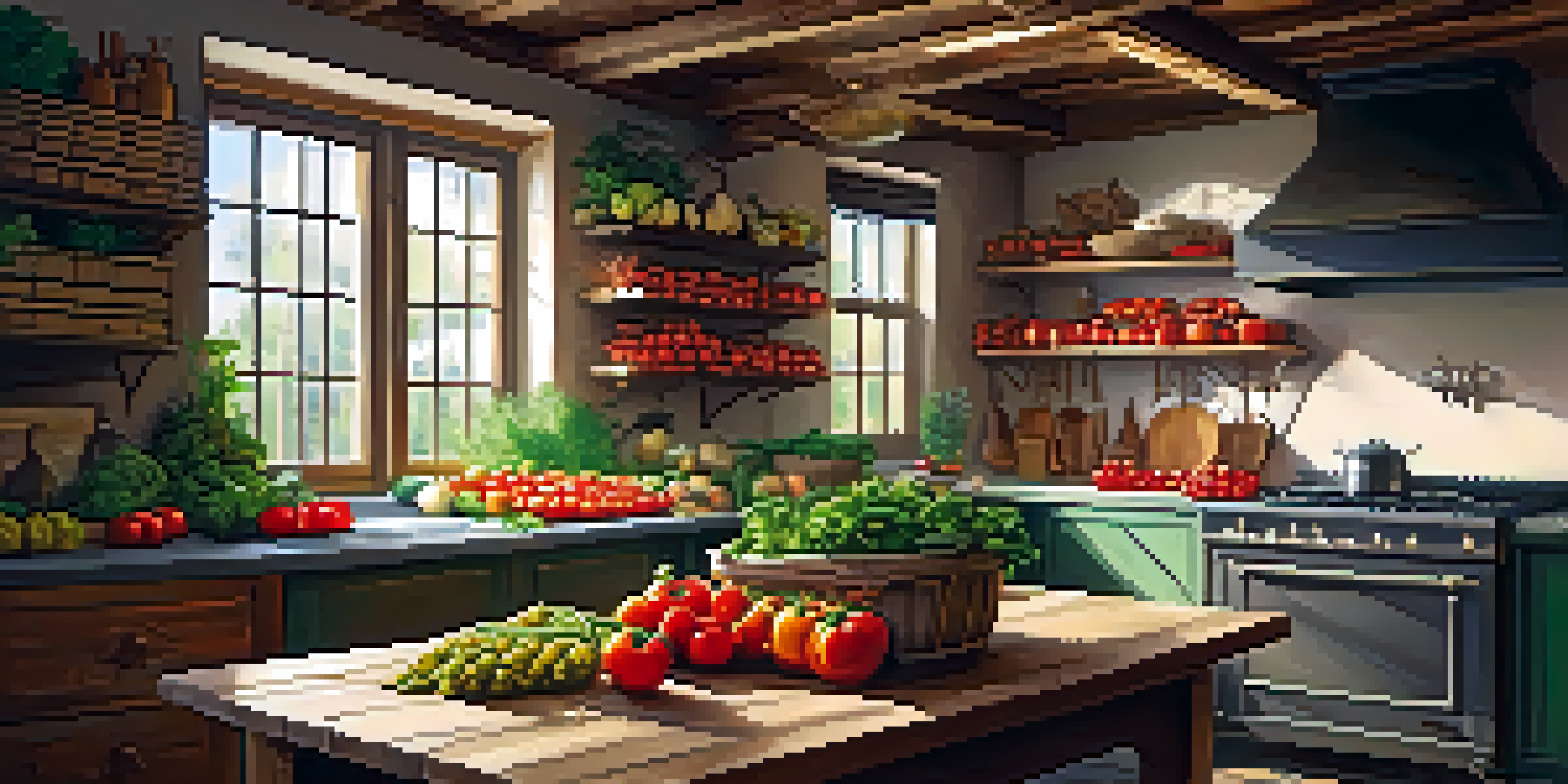 A rustic Italian kitchen showcasing fresh vegetables and herbs on a wooden table, illuminated by sunlight.