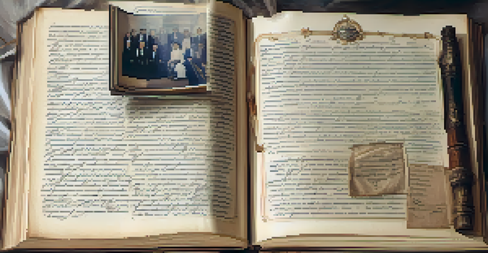 A close-up of an open family genealogy book with handwritten entries, vintage photographs, and a feather quill pen, illuminated by soft natural light.