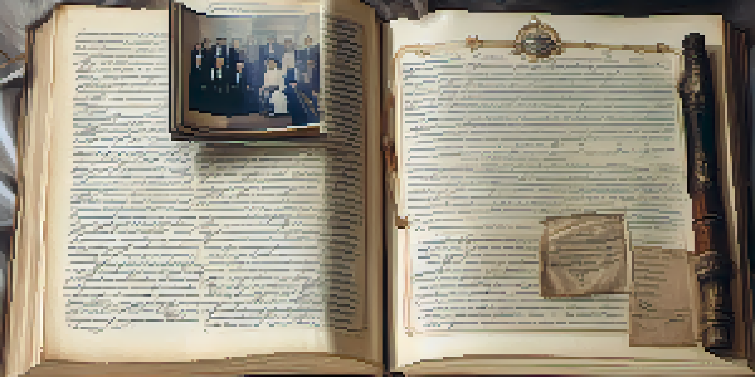 A close-up of an open family genealogy book with handwritten entries, vintage photographs, and a feather quill pen, illuminated by soft natural light.