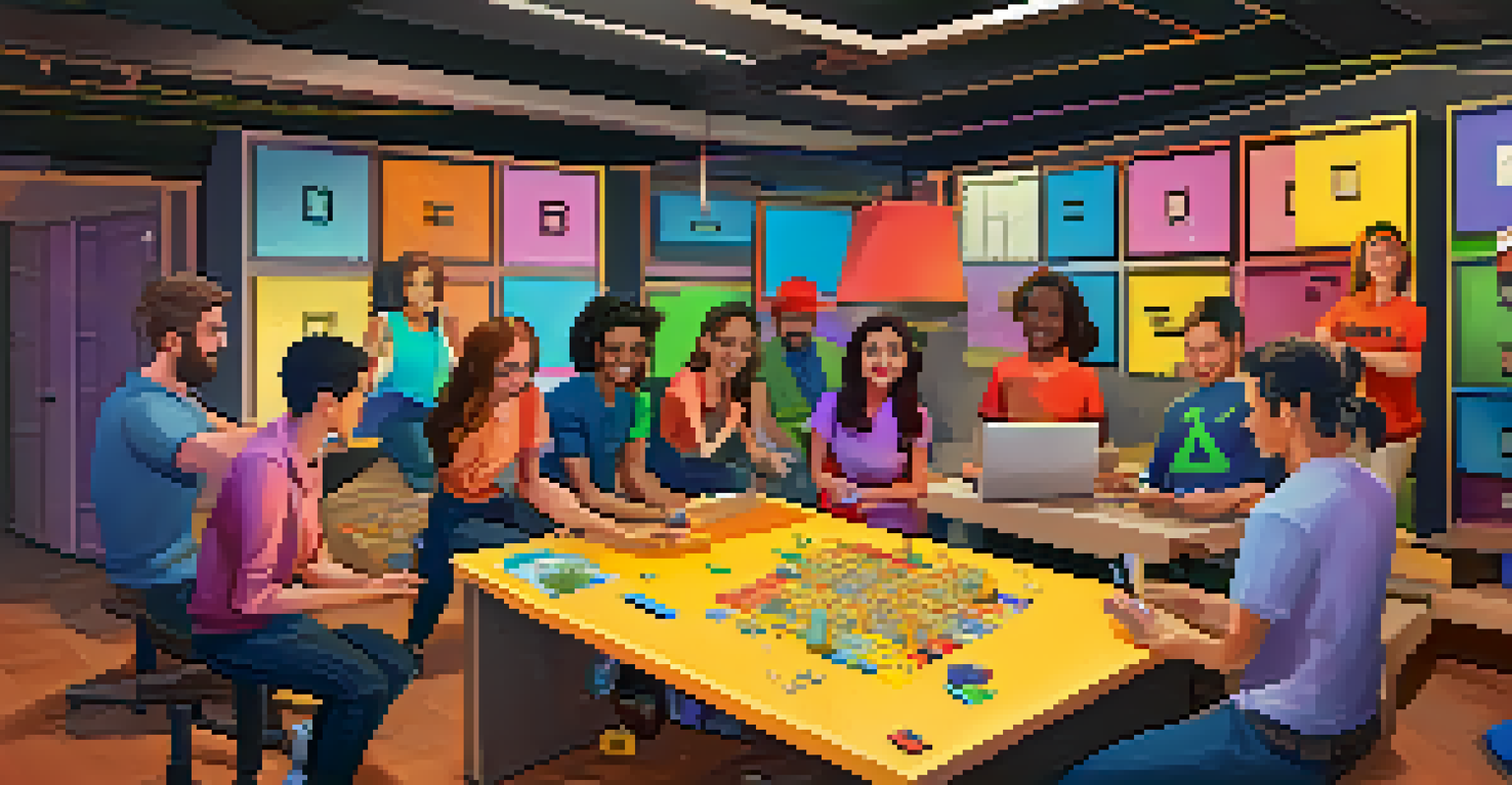 Employees represented as avatars collaborating in a virtual escape room, solving puzzles together in a colorful digital space.