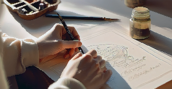An artist's hand practicing Copperplate calligraphy on cream-colored paper with various calligraphy tools in the background.