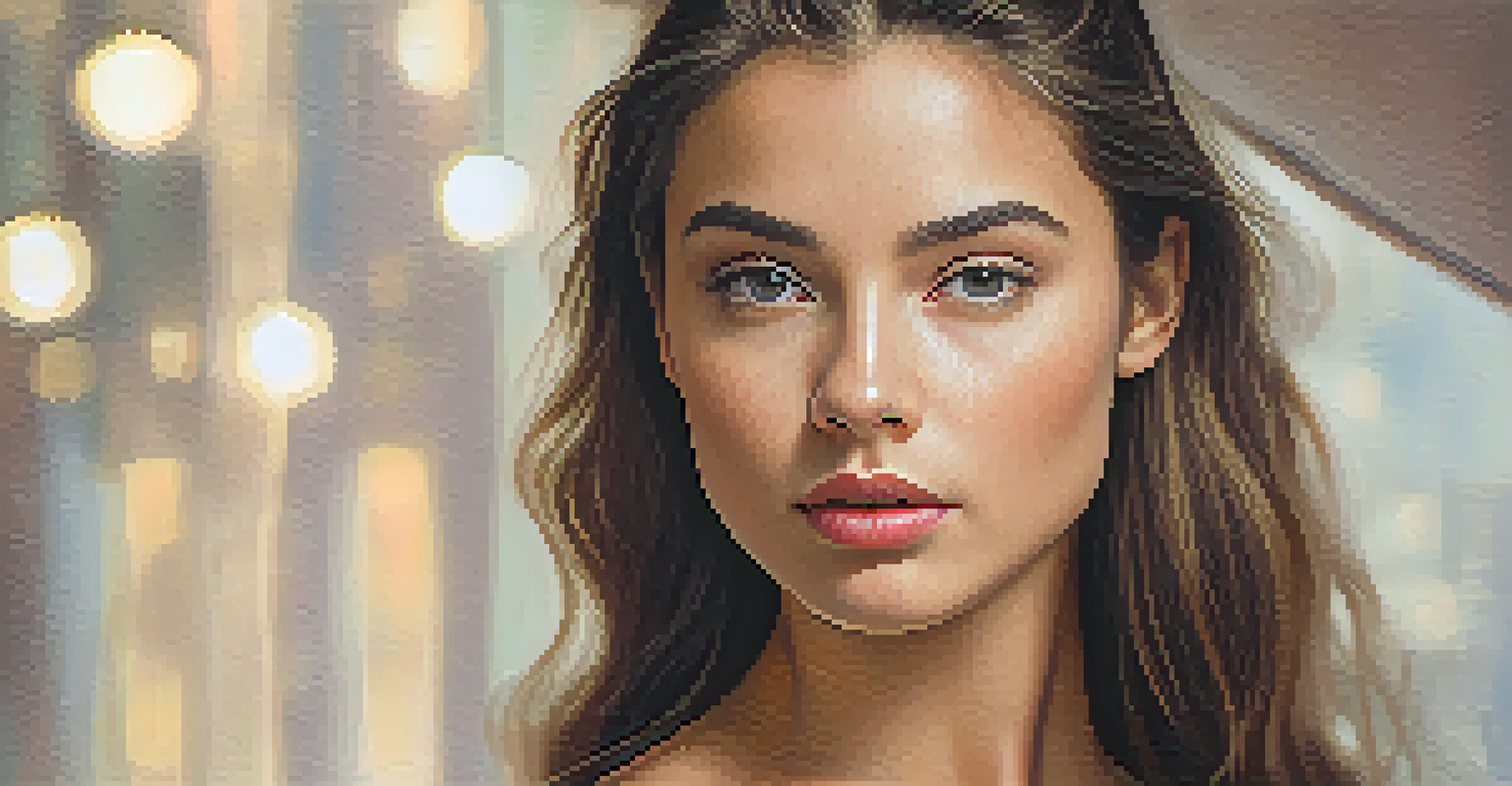 A beautifully edited portrait of a young woman with vibrant eyes and smooth skin against a blurred background.