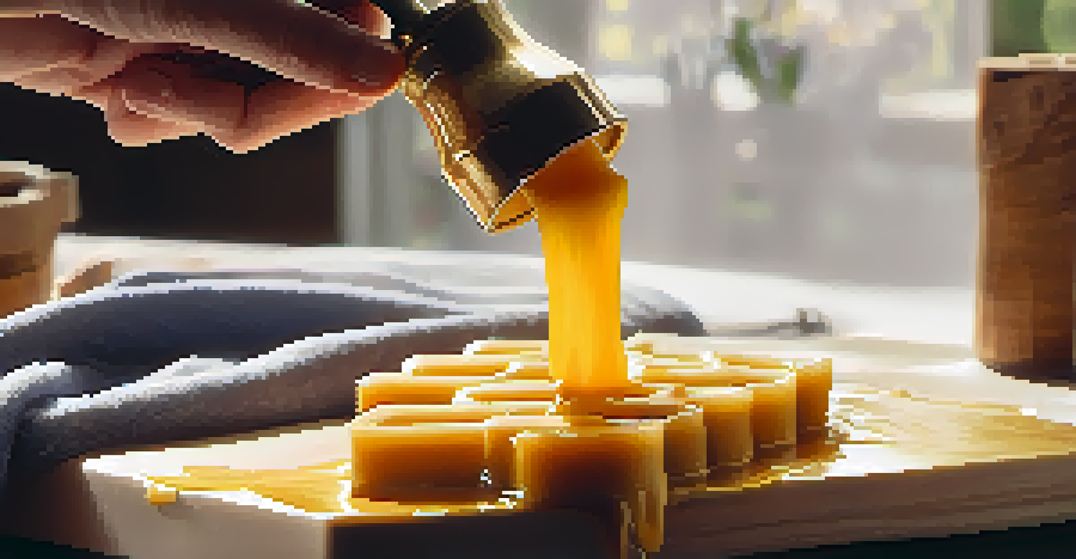A close-up of a hand pouring melted golden beeswax into a mold with candle-making tools in the background.