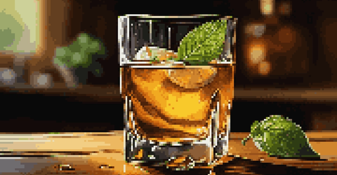 A close-up view of a whiskey glass on a wooden table, with amber liquid, mint leaves, and a lemon slice, illuminated by warm light.