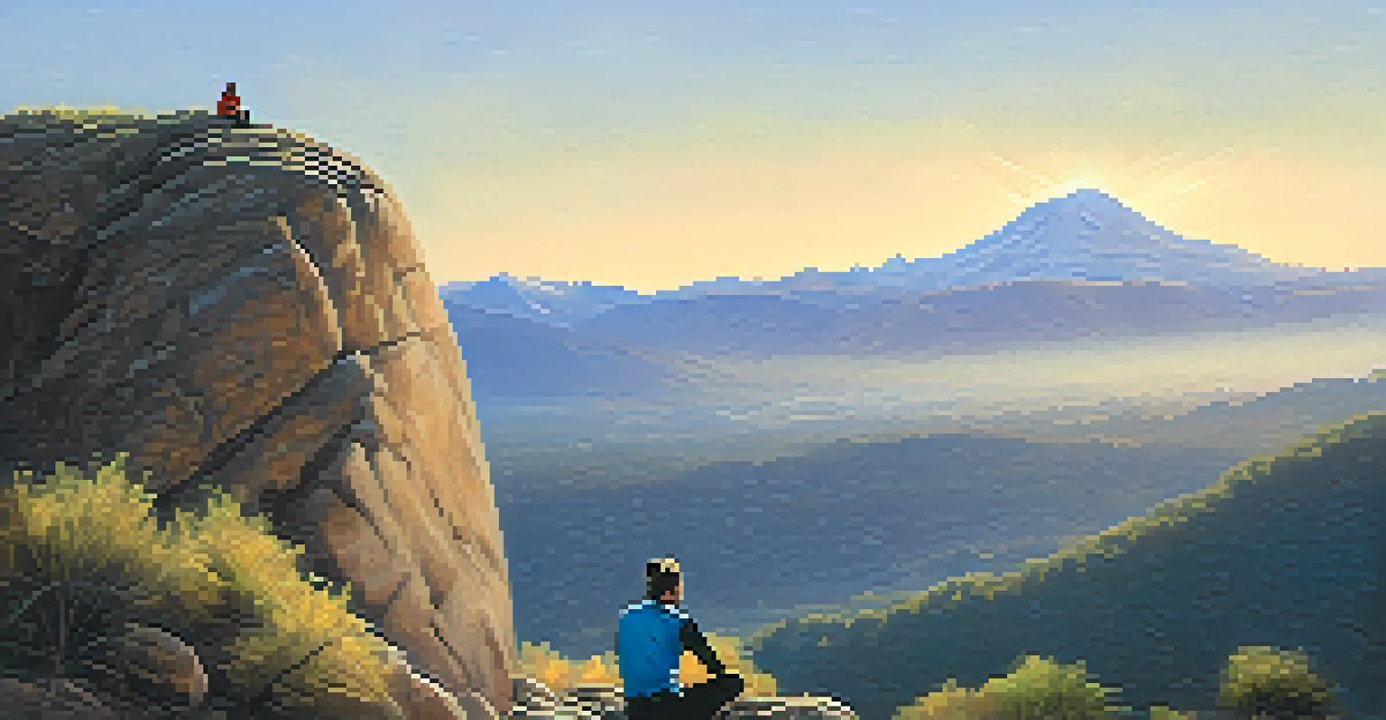 A climber meditating on a rock at dawn, with a mountain backdrop and soft morning light creating a peaceful atmosphere.