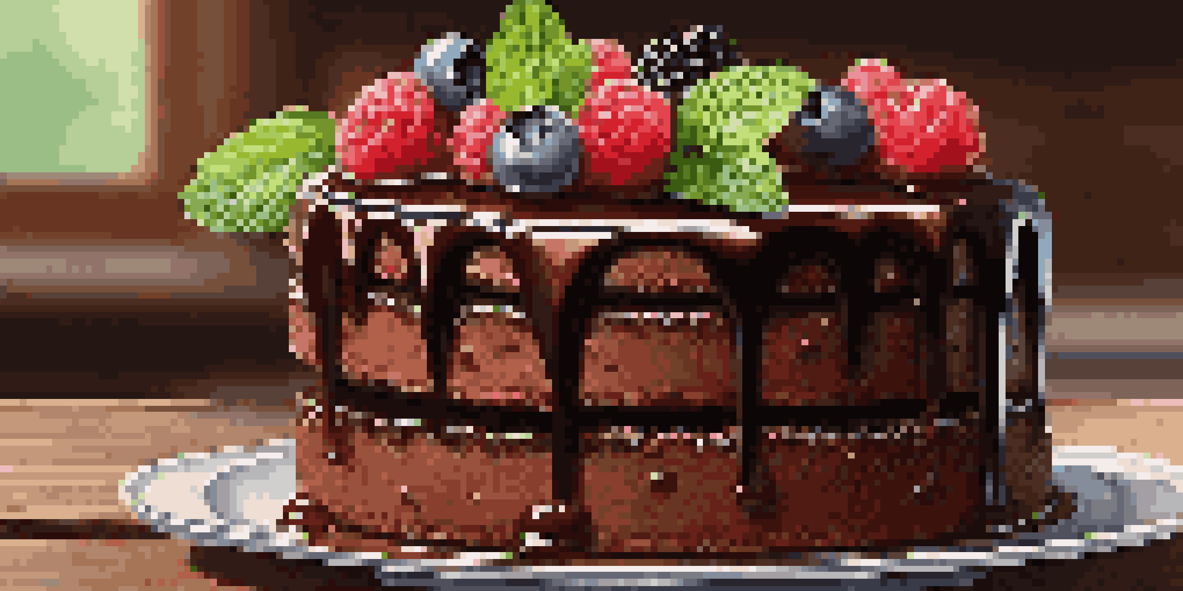 A rich chocolate cake with glossy ganache, decorated with fresh berries and mint on a wooden background.