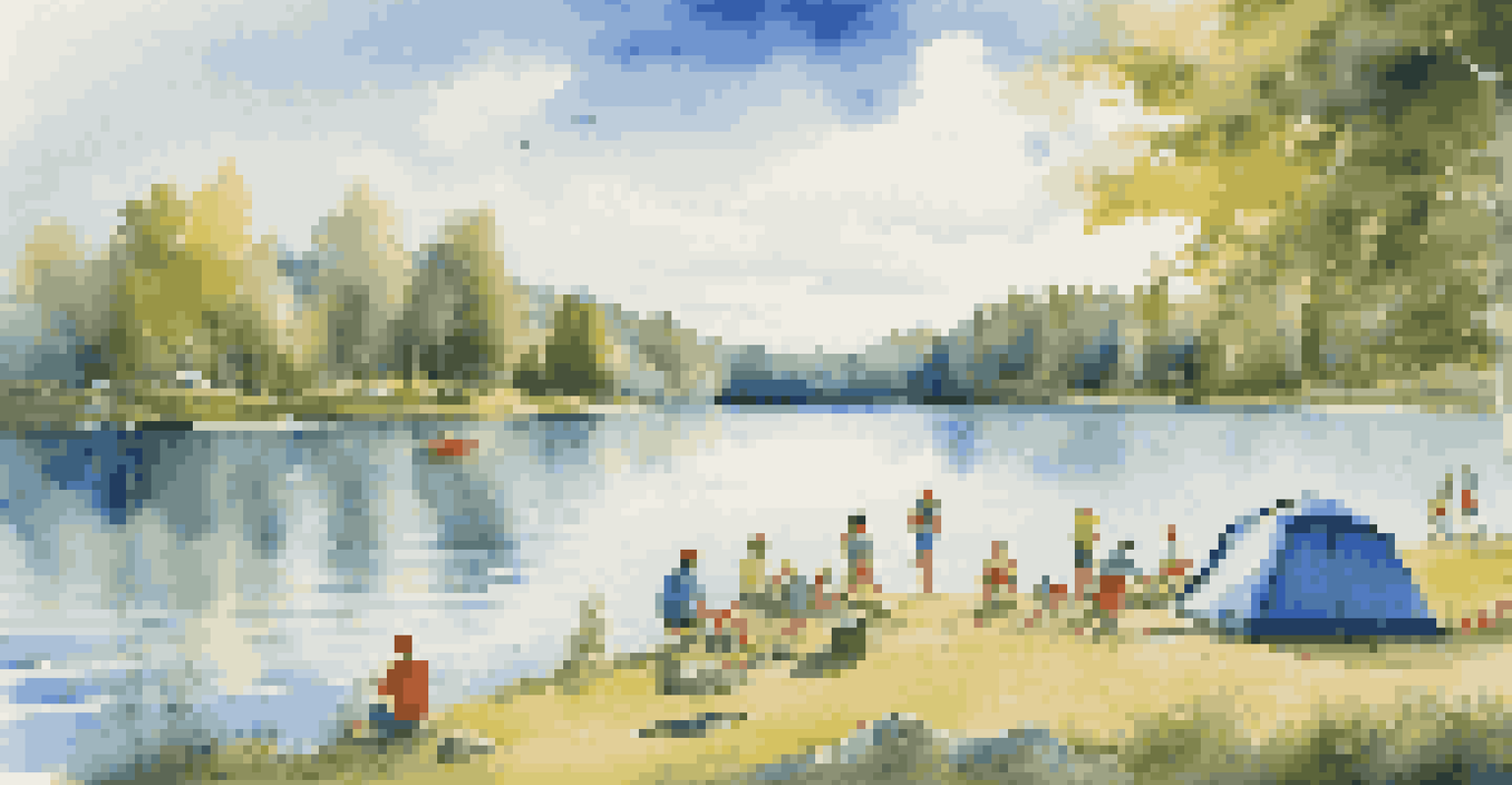 A vibrant summer campsite by a lake with families swimming and fishing.