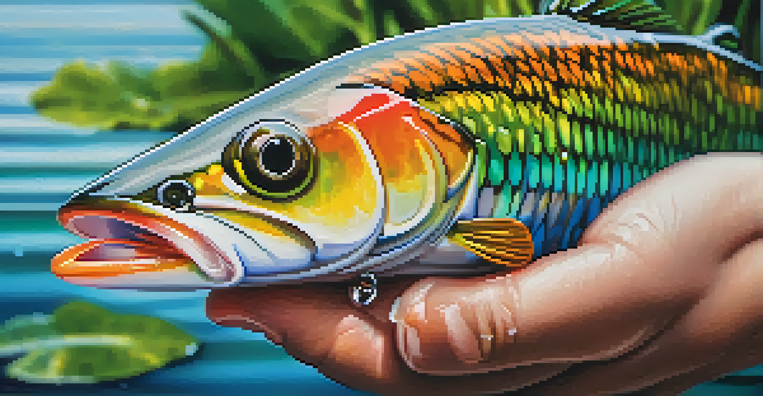 A close-up of a hand holding a colorful fishing lure with water droplets, set against a blurred natural background.