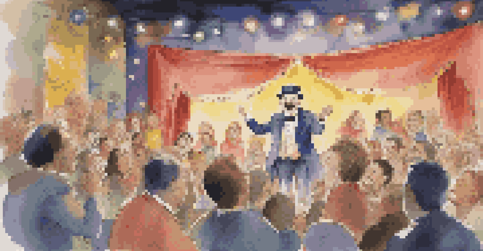 A comedic magician on stage interacting with an audience member while performing a humorous magic trick with a colorful scarf, surrounded by whimsical decorations and bright lights.
