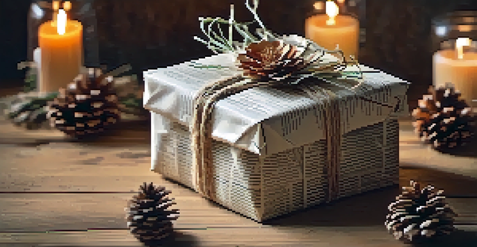 A rustic gift wrapped in recycled newspaper with twine and a dried flower, surrounded by pinecones and leaves on a wooden table.