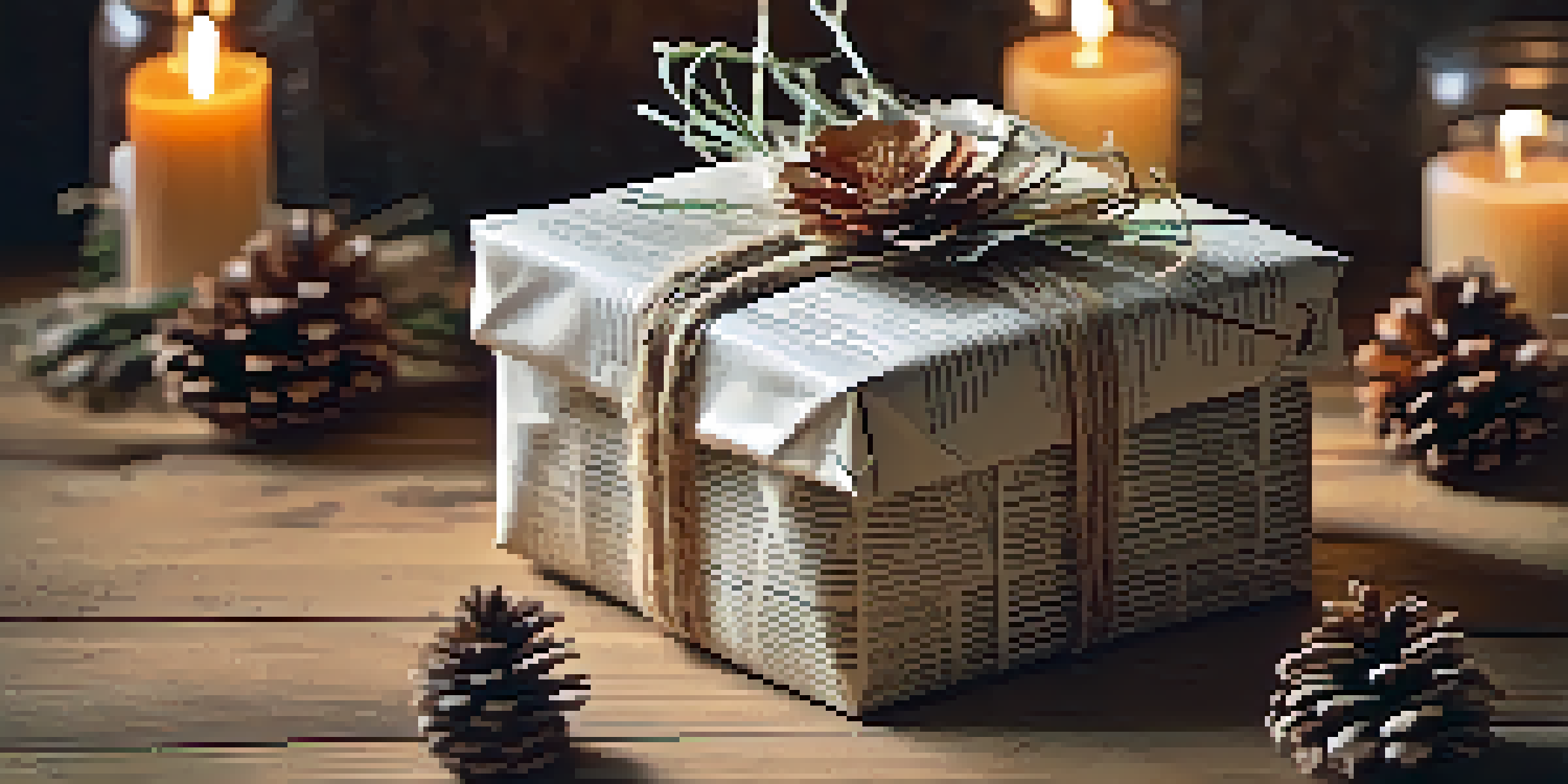 A rustic gift wrapped in recycled newspaper with twine and a dried flower, surrounded by pinecones and leaves on a wooden table.