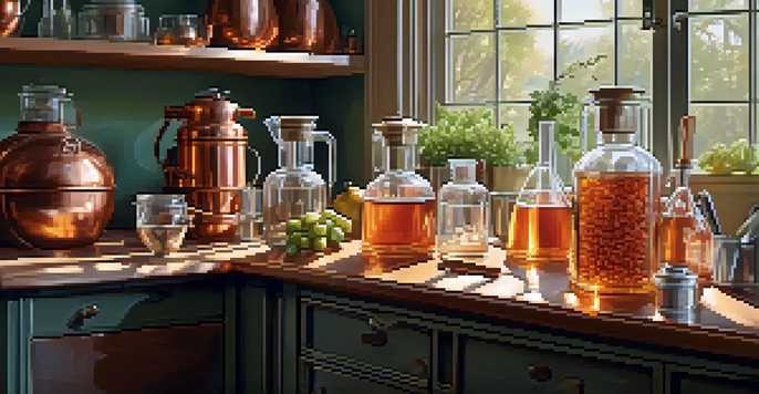 A bright kitchen with a copper still and clean containers, emphasizing safety and fresh ingredients for home distilling.