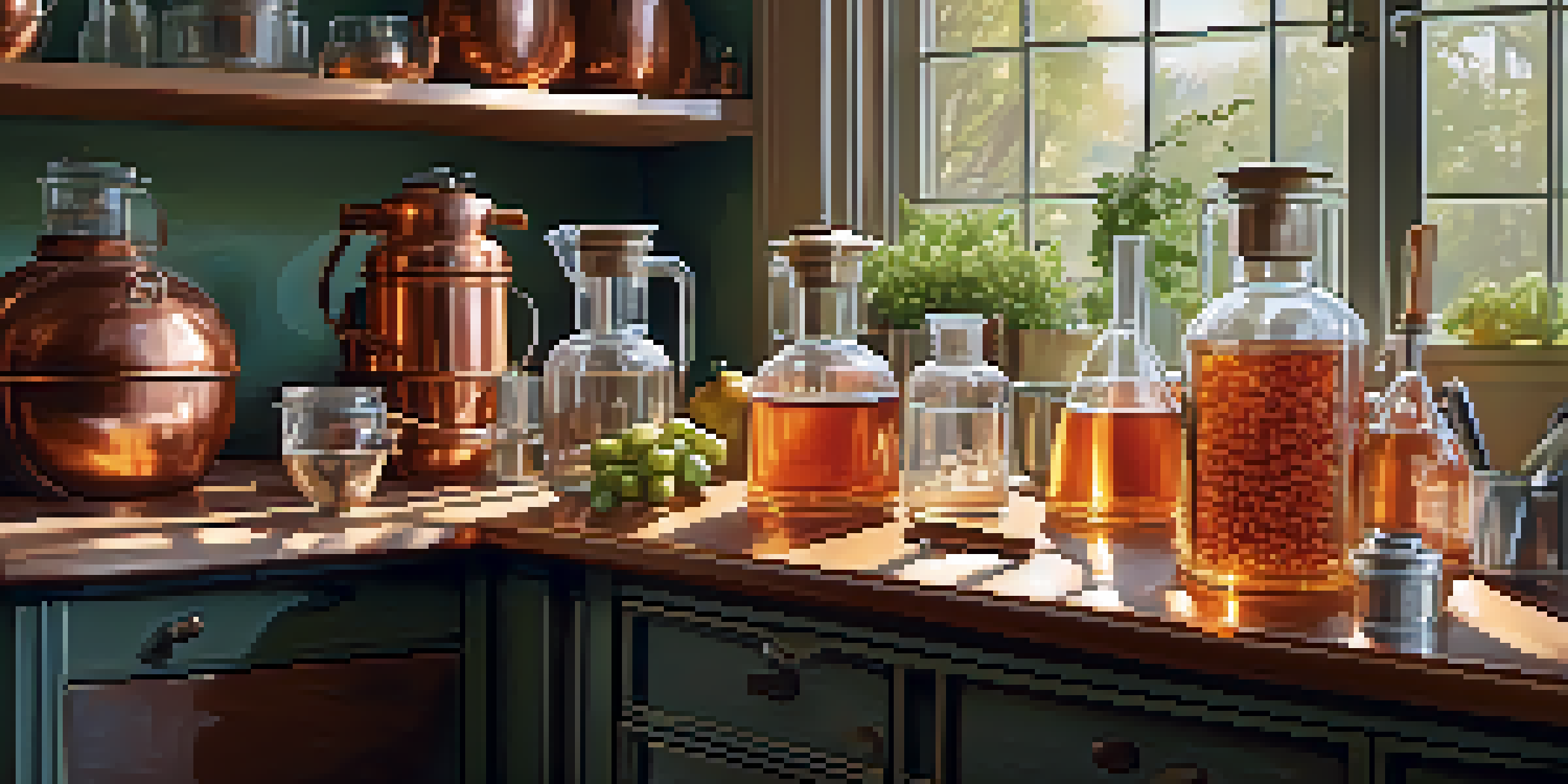 A bright kitchen with a copper still and clean containers, emphasizing safety and fresh ingredients for home distilling.
