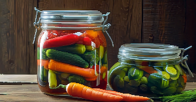 A jar filled with colorful pickled vegetables on a wooden table, illuminated by soft natural light.