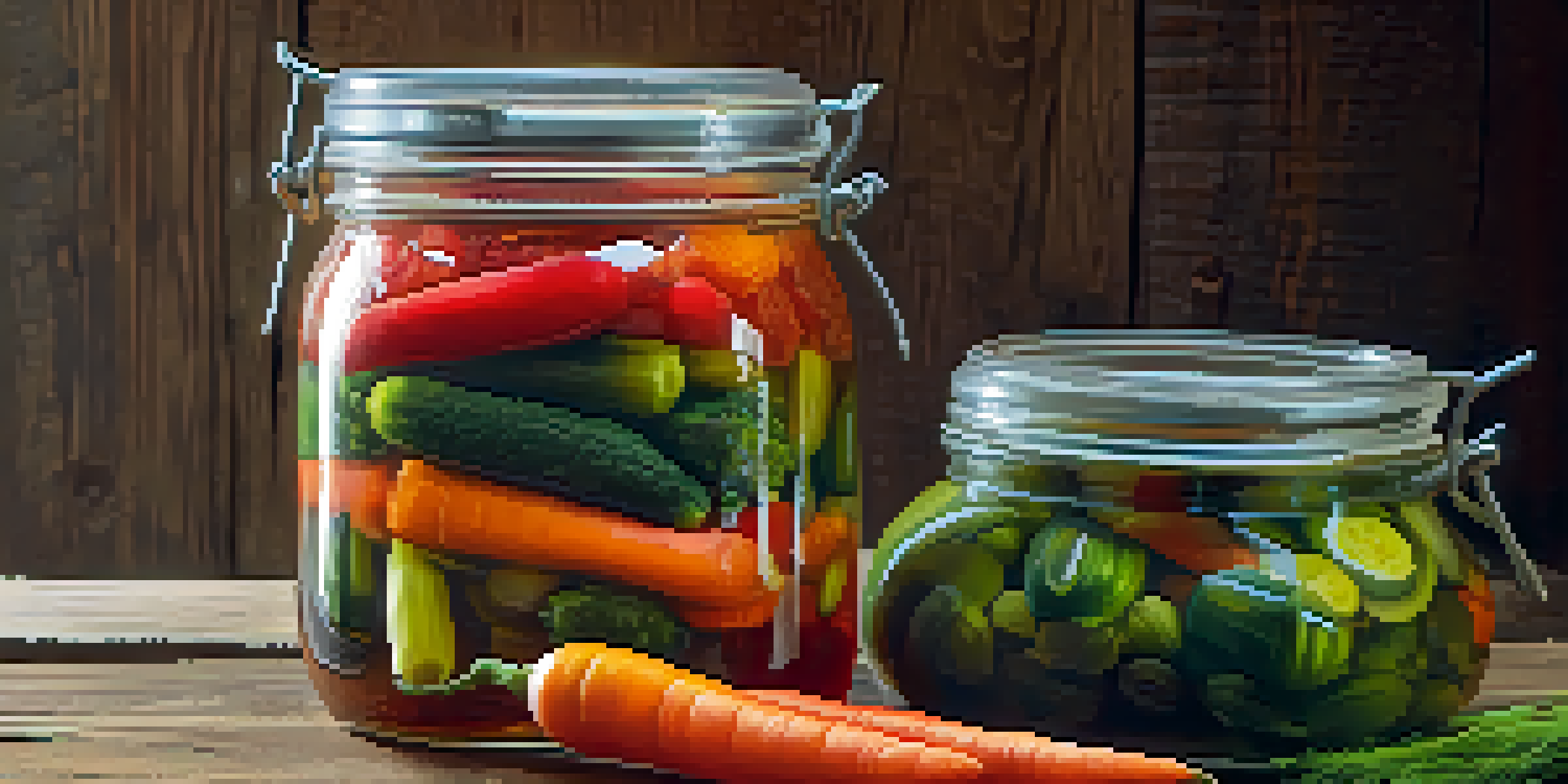 A jar filled with colorful pickled vegetables on a wooden table, illuminated by soft natural light.