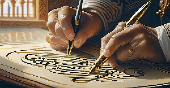 A close-up of hands holding a calligraphy pen, creating beautiful Arabic letters on parchment with an ornate mosque blurred in the background.