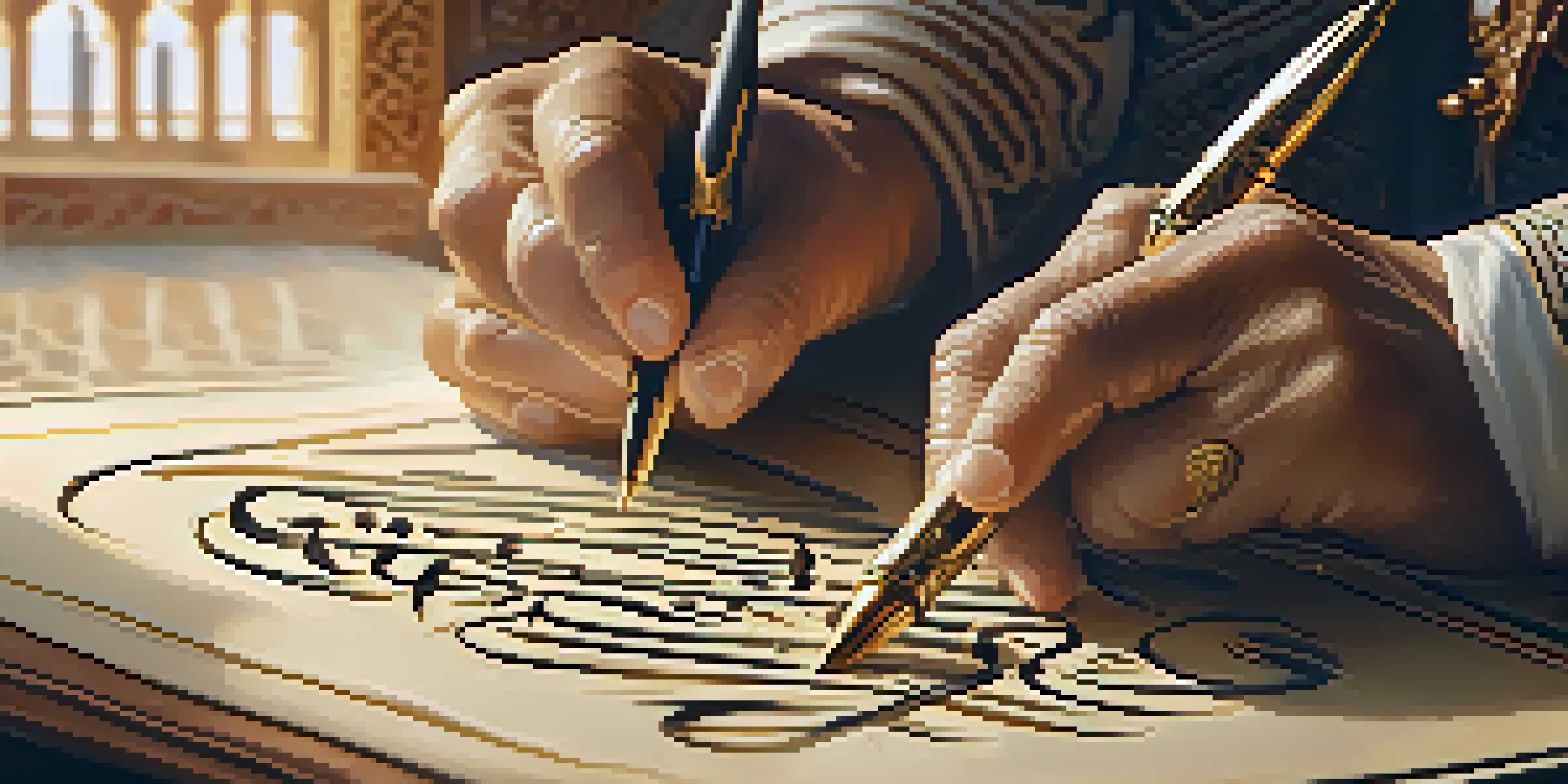 A close-up of hands holding a calligraphy pen, creating beautiful Arabic letters on parchment with an ornate mosque blurred in the background.
