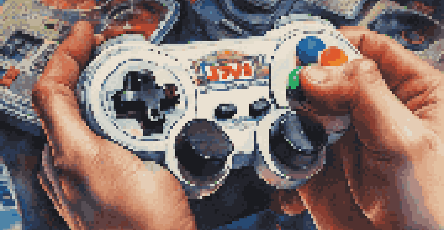 A close-up of a hand holding a classic game controller, with retro game posters in the background.