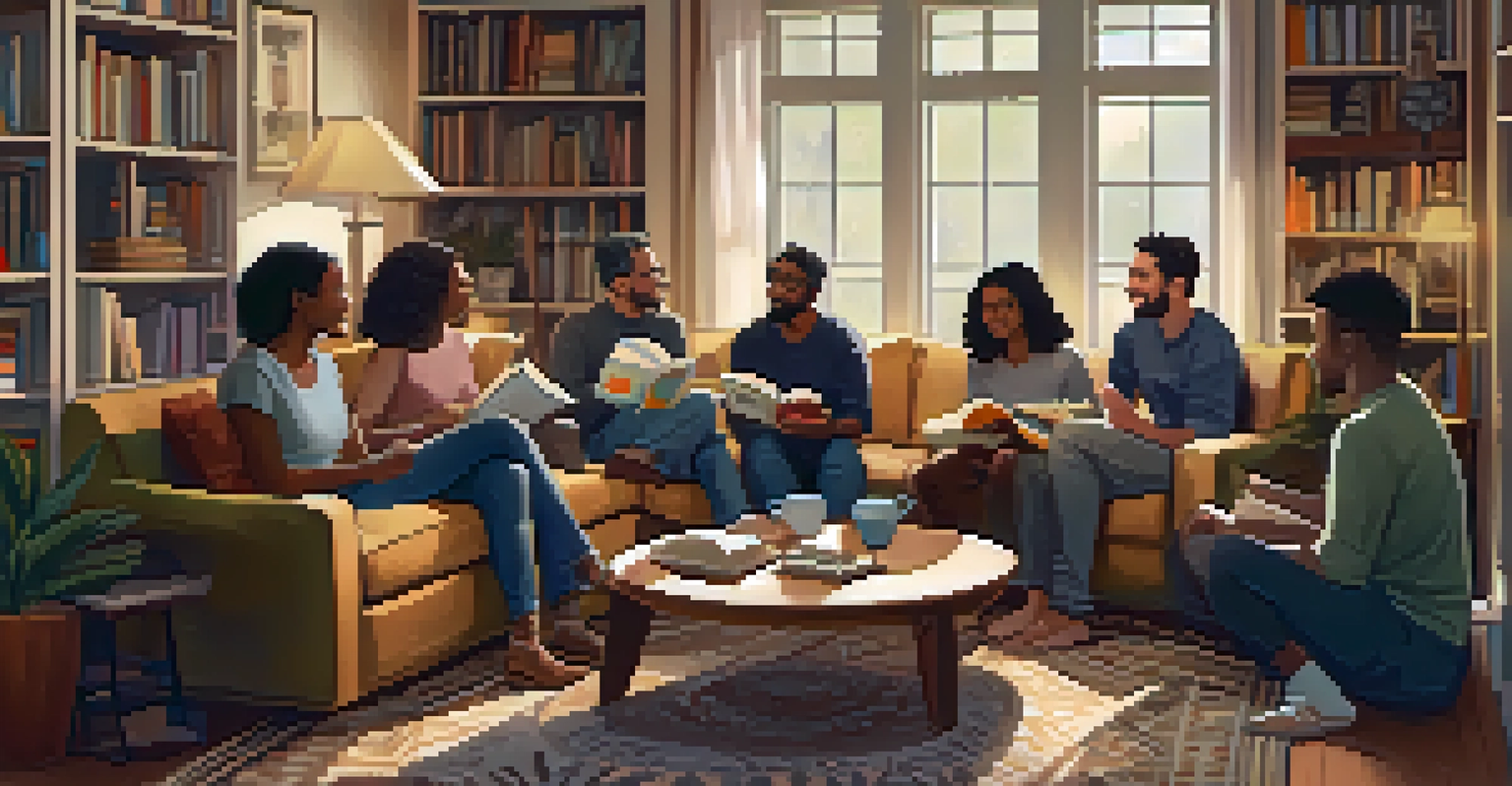 A diverse group of people in a living room having a discussion about books in a cozy and inviting atmosphere.