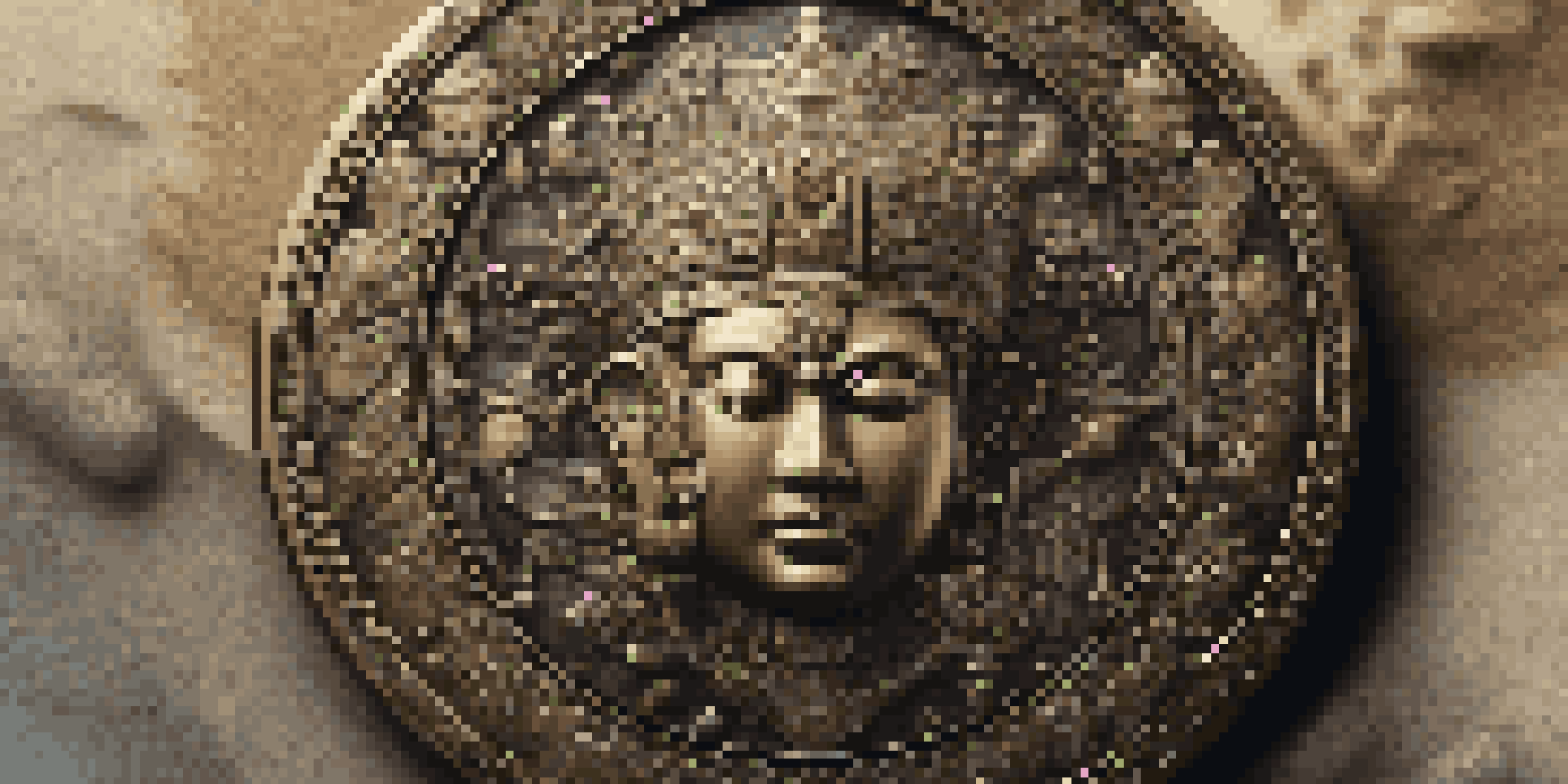 A detailed view of an ancient coin displaying engravings of a deity, resting on a textured velvet surface with soft lighting.