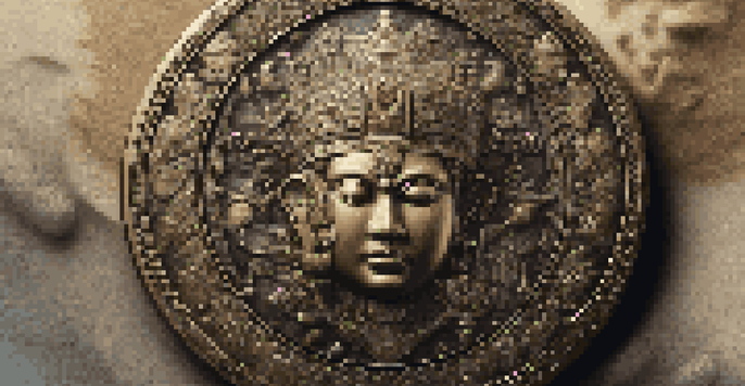 A detailed view of an ancient coin displaying engravings of a deity, resting on a textured velvet surface with soft lighting.