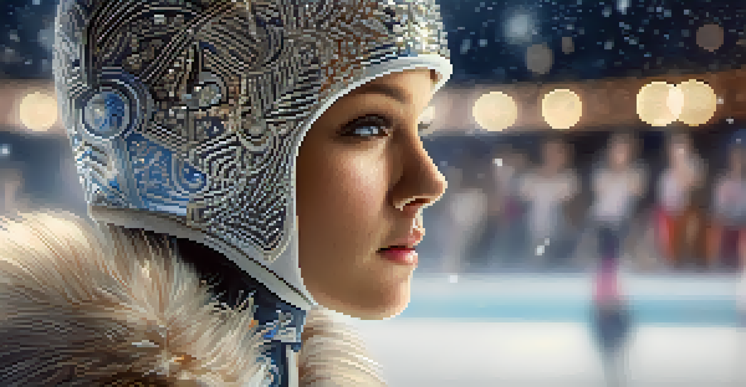 Close-up of an ice skater's face showing concentration and emotion before a performance, with a blurred rink in the background.