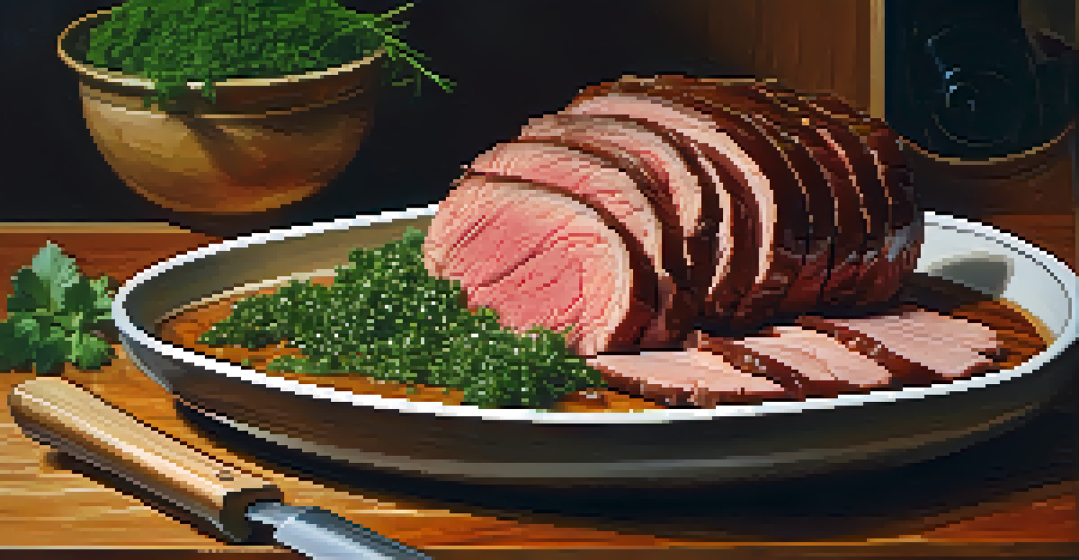 A close-up of sliced roast beef on a wooden cutting board with chimichurri sauce and fresh herbs, illuminated by golden light.