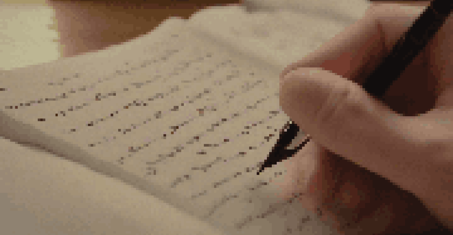 A close-up of a hand with a pen above a page of reflections, in a cozy room with candles and books.